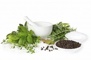 Mortar and Pestle with Herbs, Spices